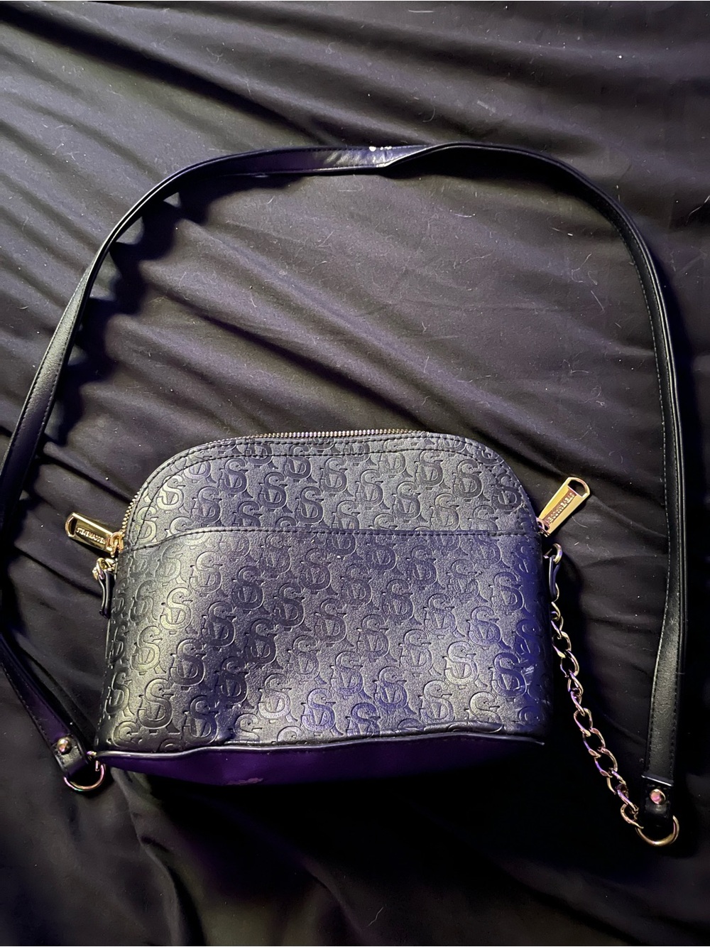 Steve Madden Black Embossed Logo Crossbody with Gold Chain Trim
